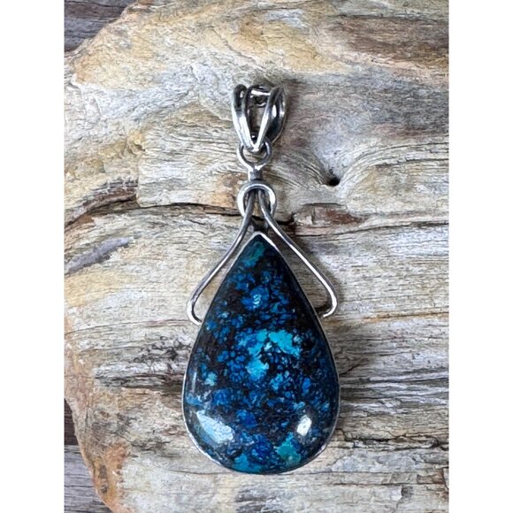 Natural Chrysocolla & Azurite Teardrop Sterling Silver Pendant For Necklace 19.5 - Picture 1 of 6